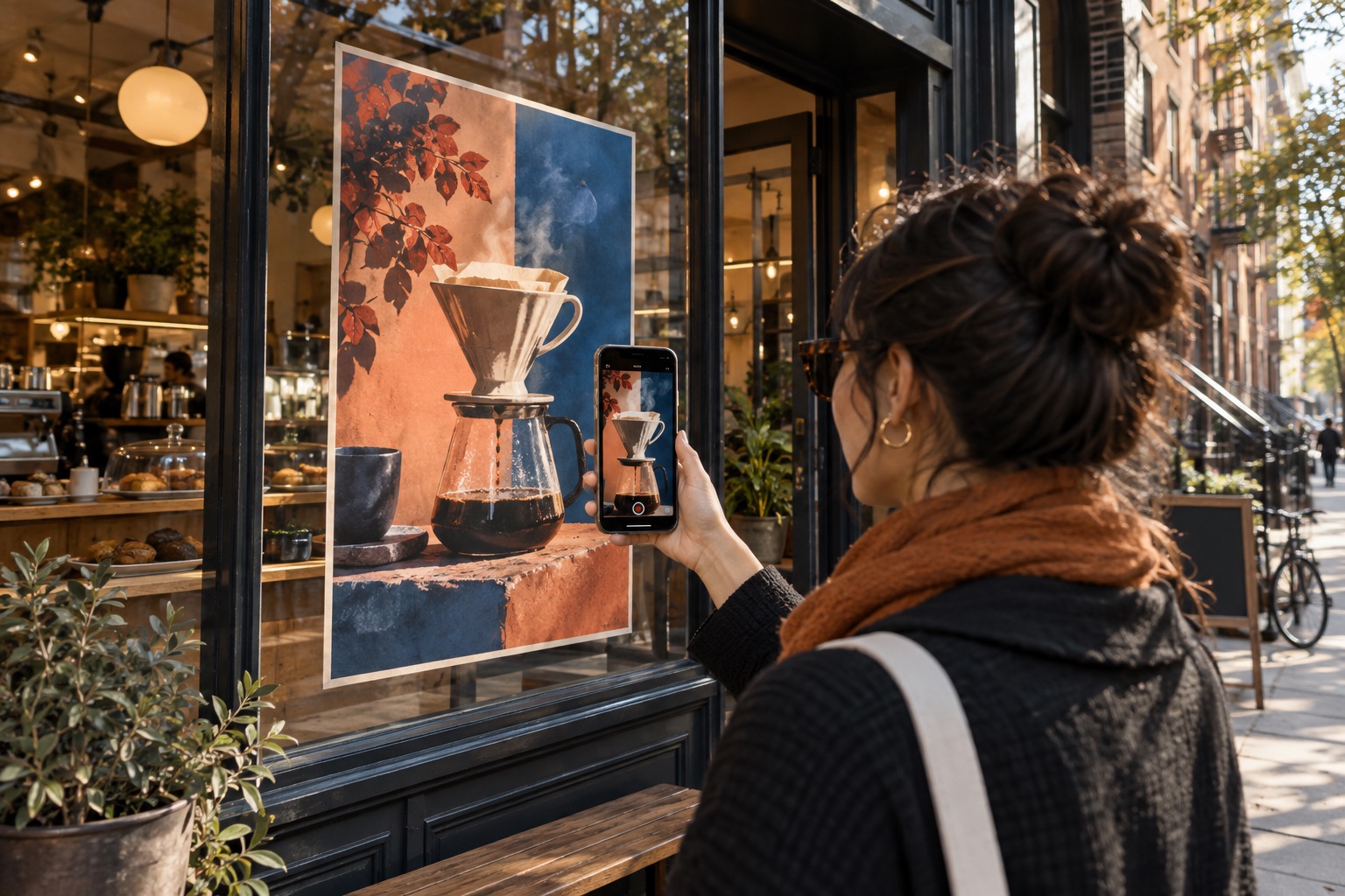A customer points a phone at a coffee shop window poster to view a matching promotional video.