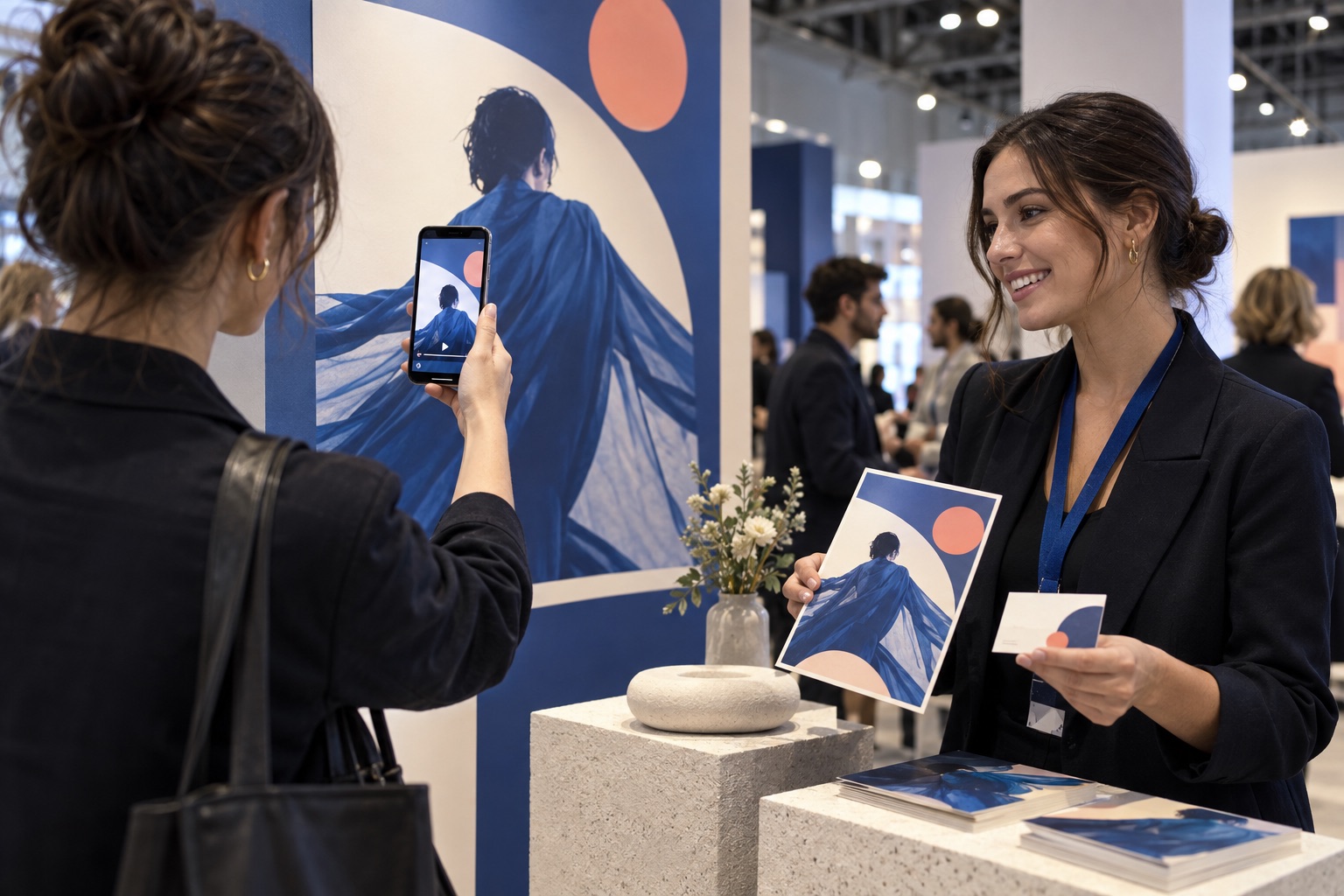 At a trade show, a visitor scans a printed promotional poster while a representative holds matching flyers and a business card.