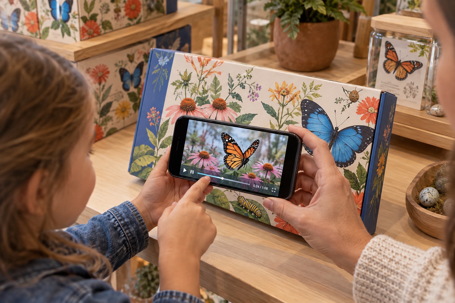 A parent and child use a phone to view butterfly content on an illustrated product package.
