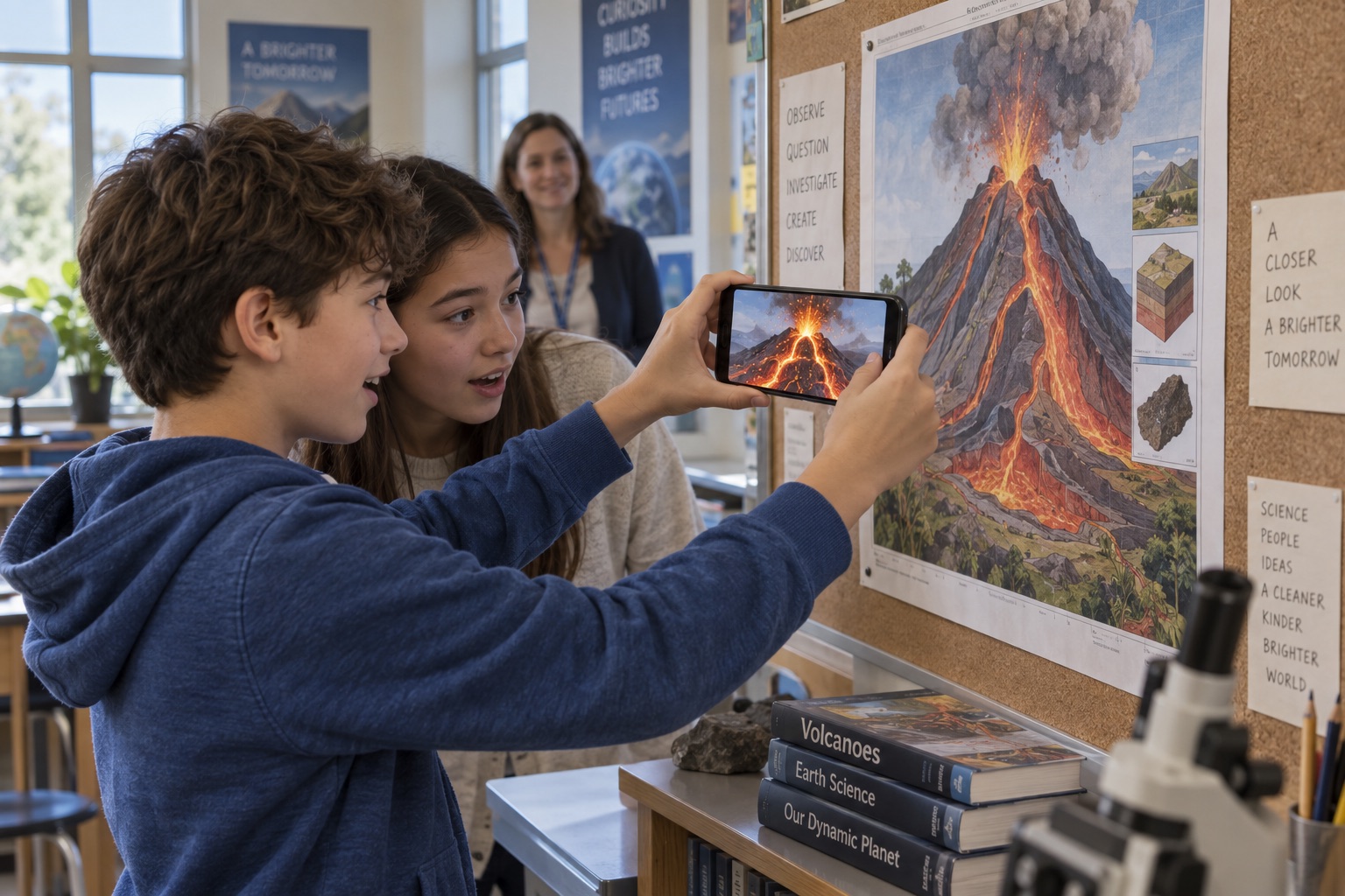 Students use a phone to view a volcano video aligned with a classroom science poster.